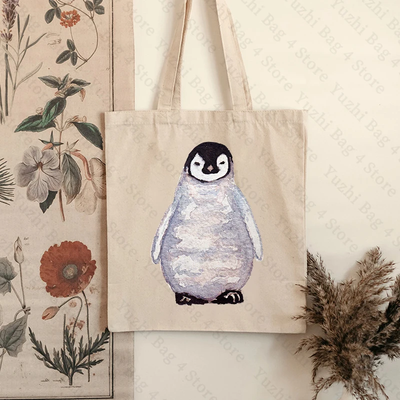 Watercolour Penguin Canvas Tote Bag Simple Printing Shoulder Bag Versatile Handbag for Work & School Large Capacity Shopping Bag