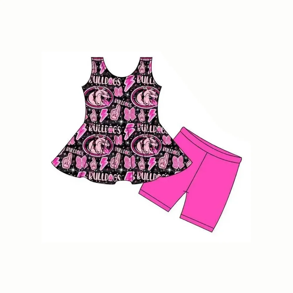 Kids Sporty Casual Clothing Summer Toddler Bulldog Themed Outfit Girl Bulldog Outfit Bow Back Tank  Ruffled Skirt Set