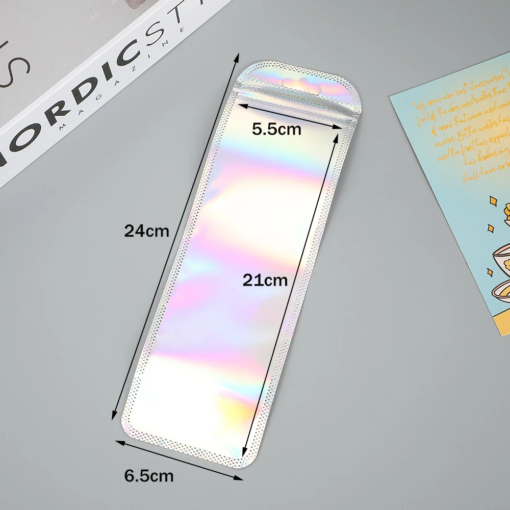 50 stücke Lange Holographische Verpackung Taschen Ziplock Laser Seal Beutel Für Party Nagel Wimpern Bevorzugung Lebensmittel Lagerung Schmuck Display Versorgung