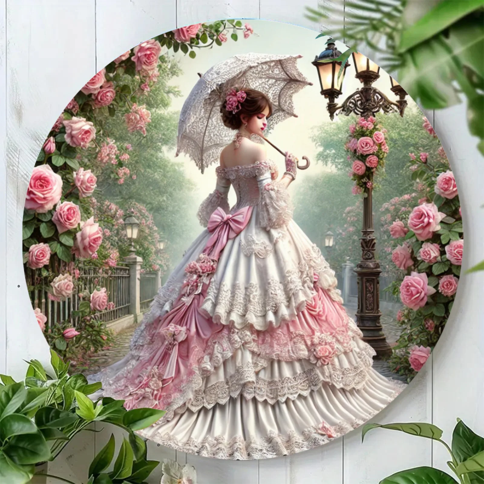 2D Flat, 2D Flat Die elegante viktorianische Dame trug ein weißes und rosafarbenes Kleid 1 Stück 7,8 x 7,8 Zoll runde Aluminium-Wandkunst – langlebiges Metallschild