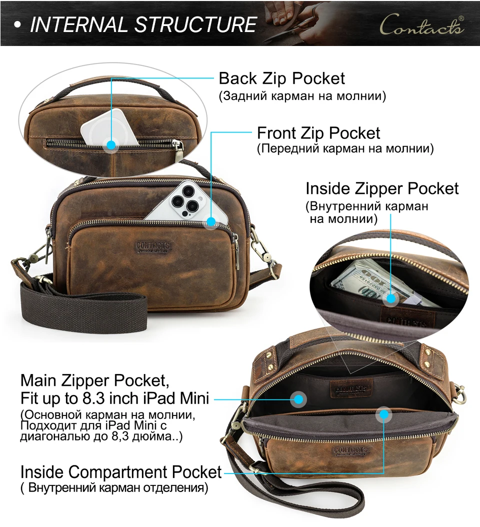 CONTACT'S Sling-Umhängetaschen aus echtem Leder für Herren, Vintage-Umhängetasche, Umhängetasche für Herren, Reisetasche für 8,3 Zoll iPad Mini – Detail 6