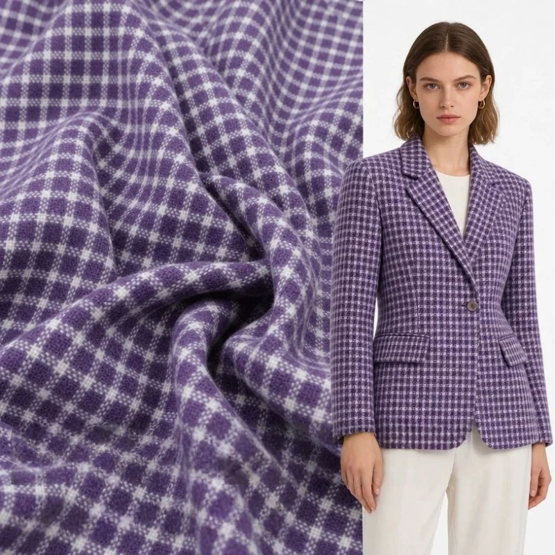 Lightweight, draping purple checkered wool fabric for jackets, pants, and skirts, suitable for spring and autumn, designer mater