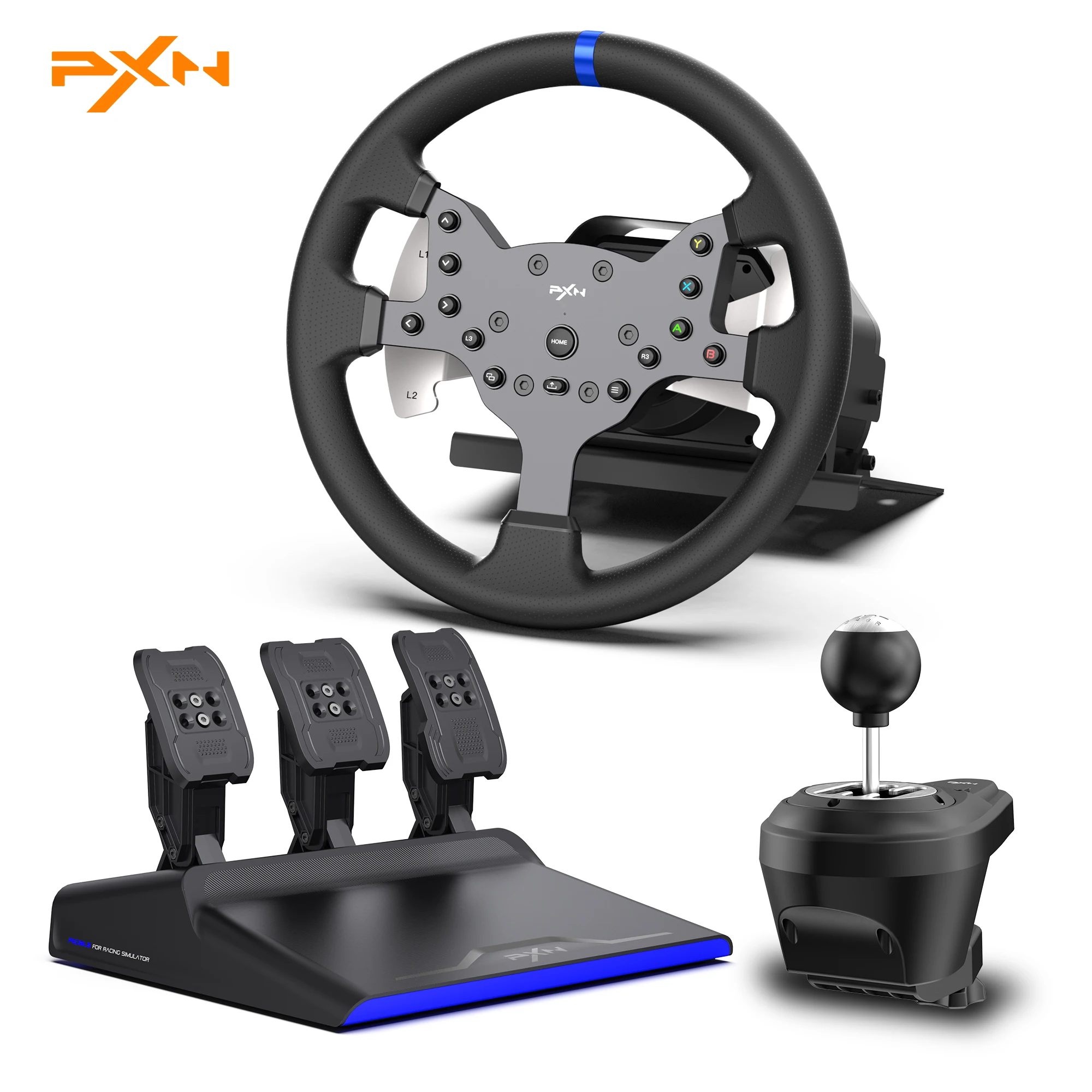 Volant de course pour PC PXN V99 avec retour de force réel, pédales, levier de vitesses, volant de jeu détachable 270/900 degrés