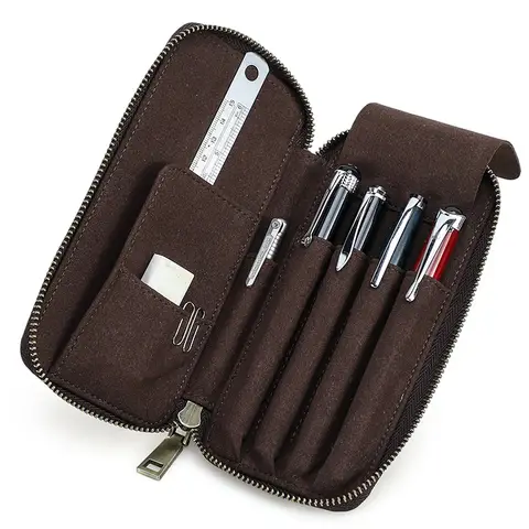 Genuine Leather Pencil Case with 4 Slots Handmade Multifunctional Zipper Fountain Pen Bag Student Stationery Pen Box