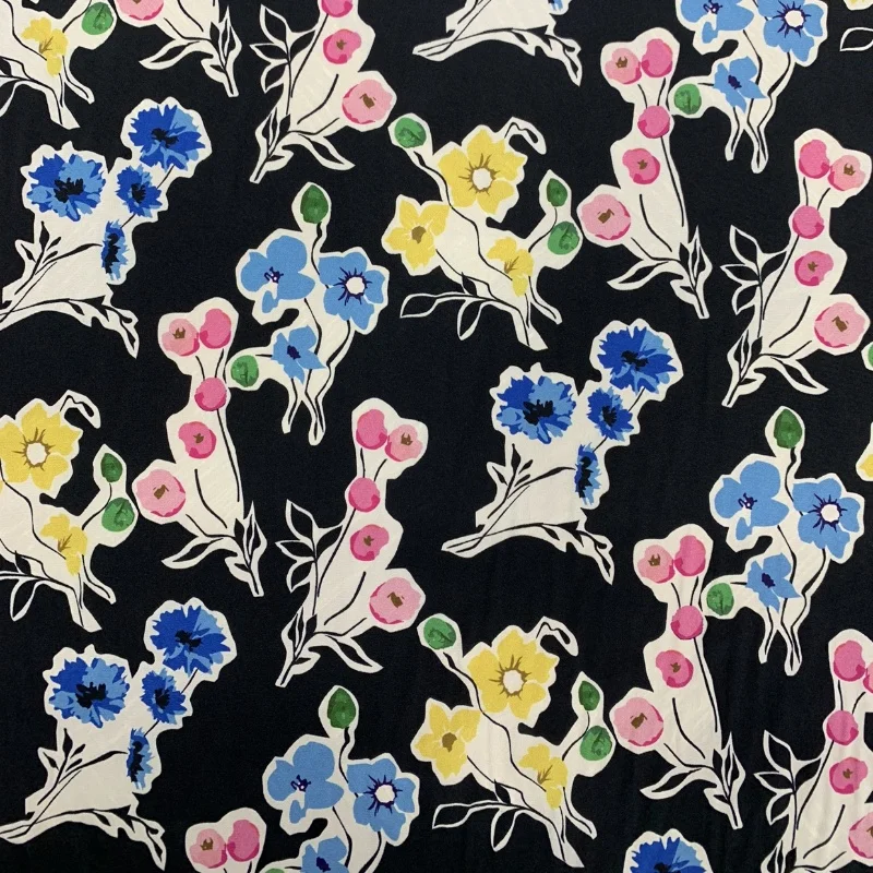 

Ткань из 100% тутового шелка, креп-шелковая ткань 16 Momme, черная, с красочным цветочным принтом, ширина 114 см, 44 дюйма, по дворам JX007