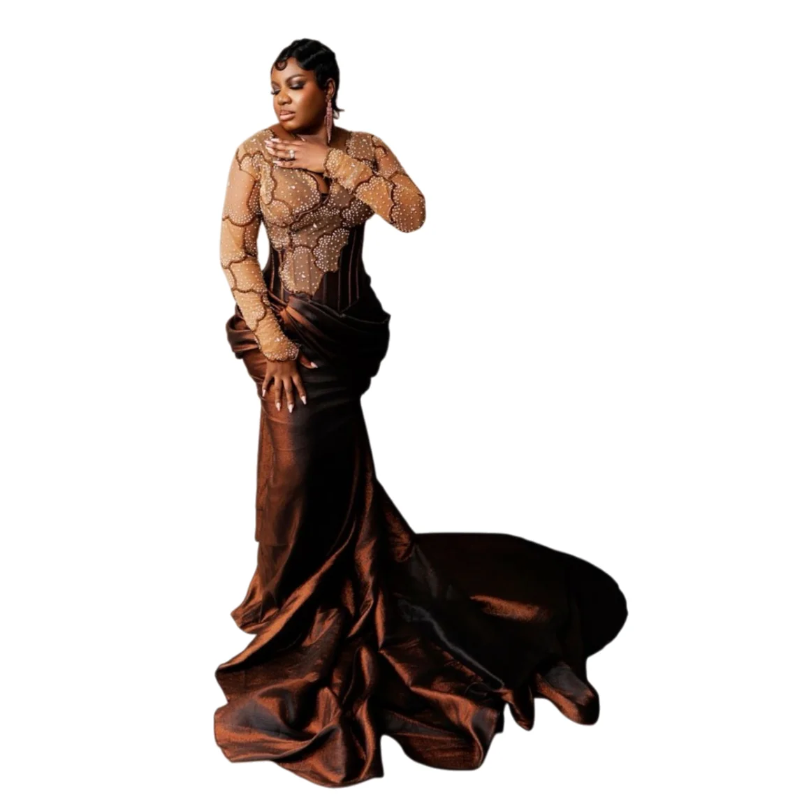 Marrom sereia 2026 vestidos de baile cristais ilusão tafetá mangas completas noite formal festa aniversário vestidos zj2632