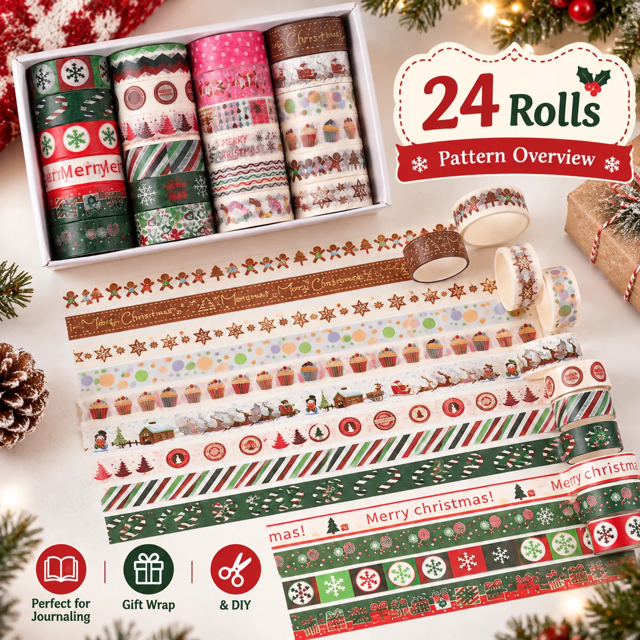 24 Rolls Cute Christmas Washi Tape Set, 1.5cm X 2m Gingerbread Snowflake Santa For Journal Scrapbook Diy Gift Wrap Holiday Decor
