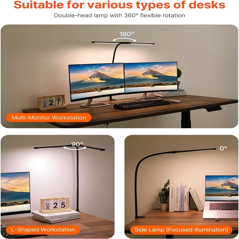 LED Desk Lamp with Clamp, Double Head Architect Eye-Caring With 360° Adjustable Gooseneck, 3 Lighting Modes For Studying Working