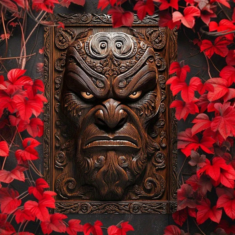 Vintage Maori Tiki Mask Aluminum Wall Art, Metal Tin Sign for Home Decor, Bedroom, Study Desk, Decorative Wall Poster