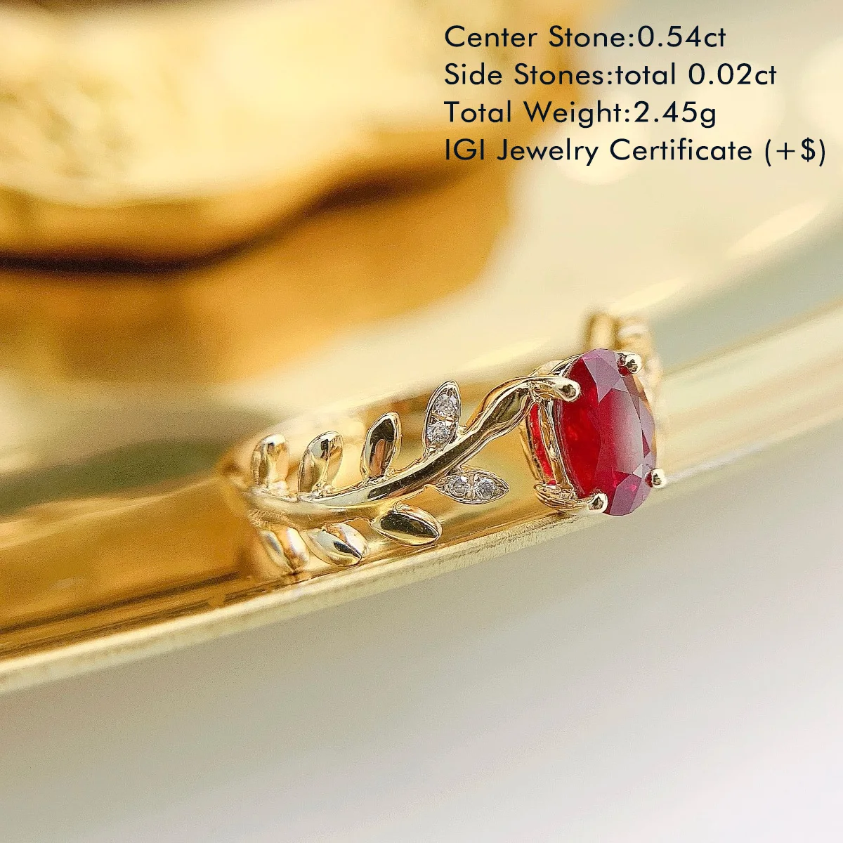 Oval Real Natural Ruby Ring Accented By Round Diamond Ring 18K Yellow Gold Willow Leaves Shaped Shank Engagement Ring For Women