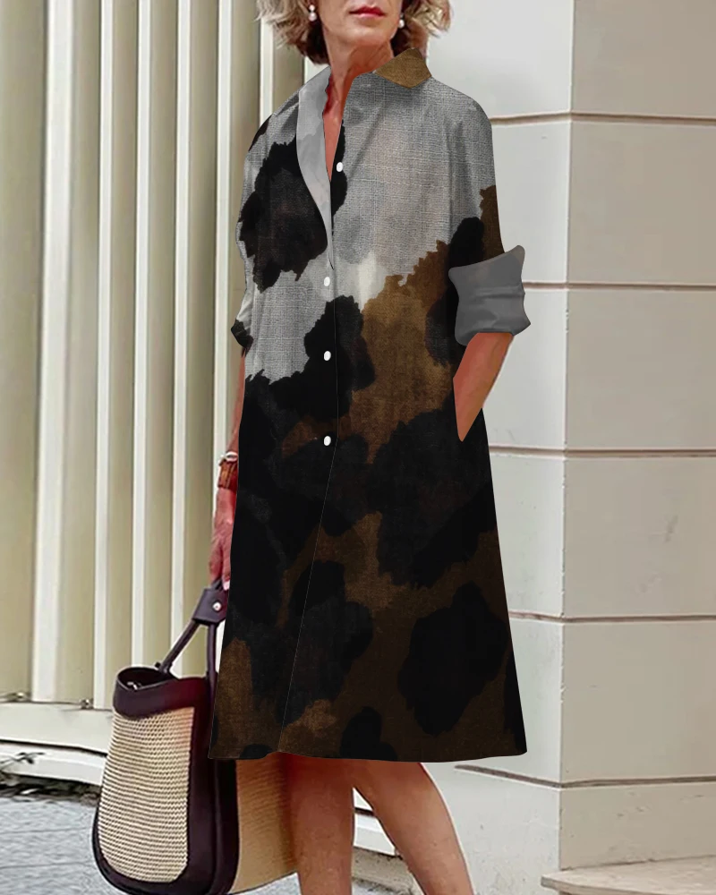 Long Sleeve Shirt Dress Knee-Length Skirt Presents Patterned Print Elegant Lapels Stylish Breathable Comfortable Spring Summer