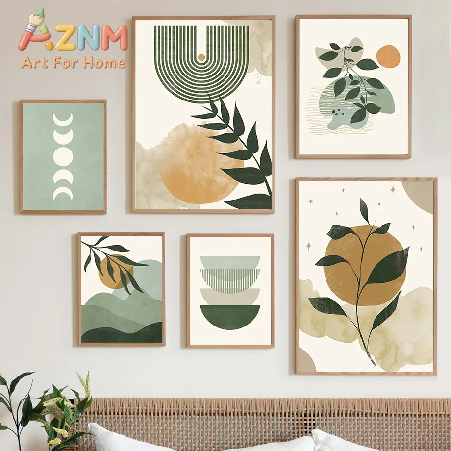 Green Mountain Sun Rainbow Flower Line Leaf Posters And Prints Geometry Wall Art Canvas Painting Pictures For Living Room Dec