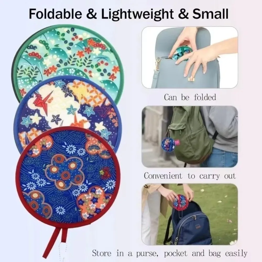 Summer Japanese Style Folding Fan Mini Size Flower Pattern Handheld Fan Nylon Colorful Round Decorative Fan