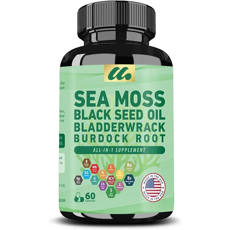 

Organic Sea Moss Capsules for -with Black Seed Oil Bladderwrack Burdock Root Turmeric VC VD Elderberry Black Pepper Ginger