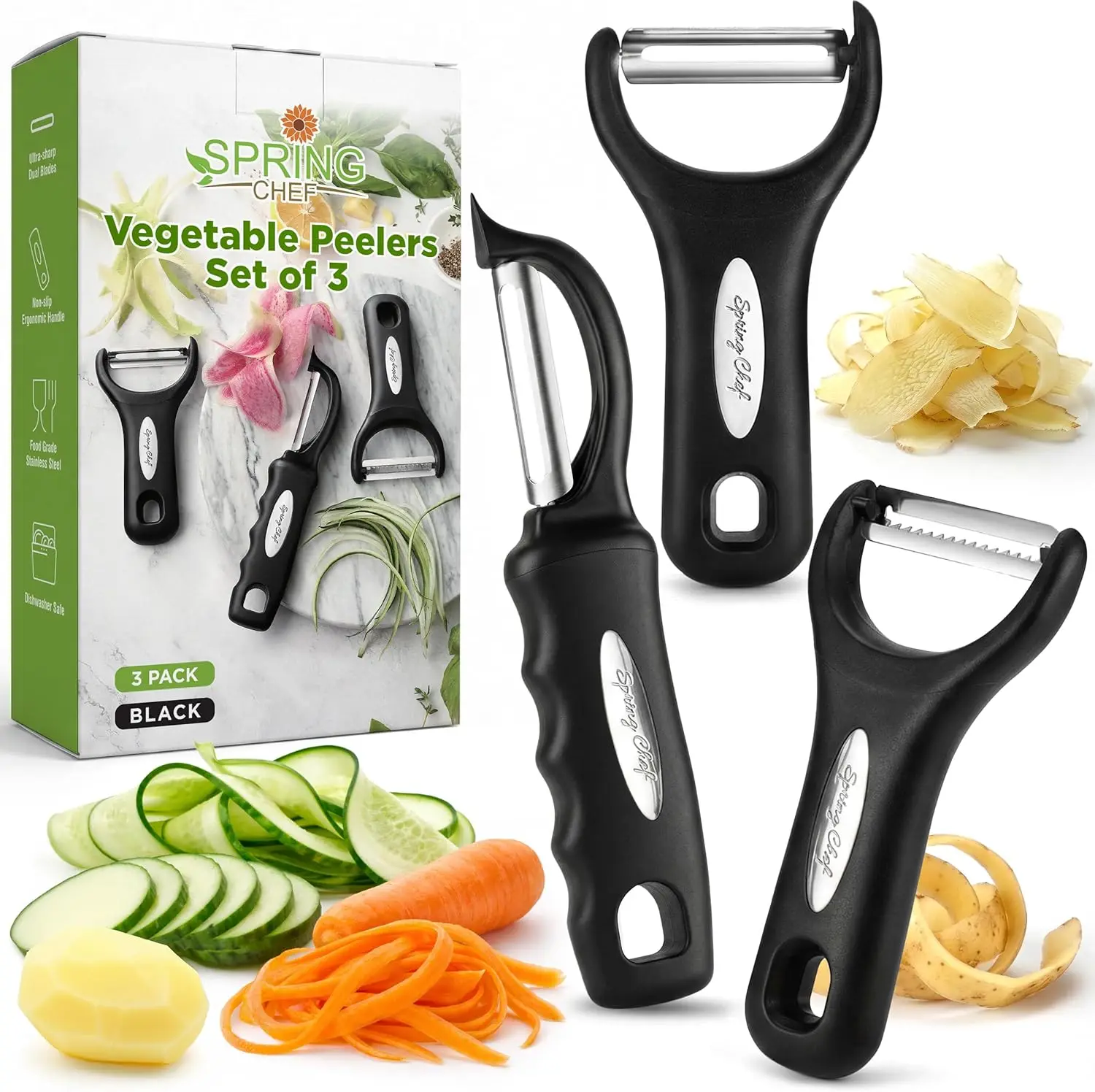 Juego de 3 peladores de verduras de acero inoxidable - Giratorio, en forma de Y y para juliana, con mangos de agarre suave para frutas, patatas y zanahorias
