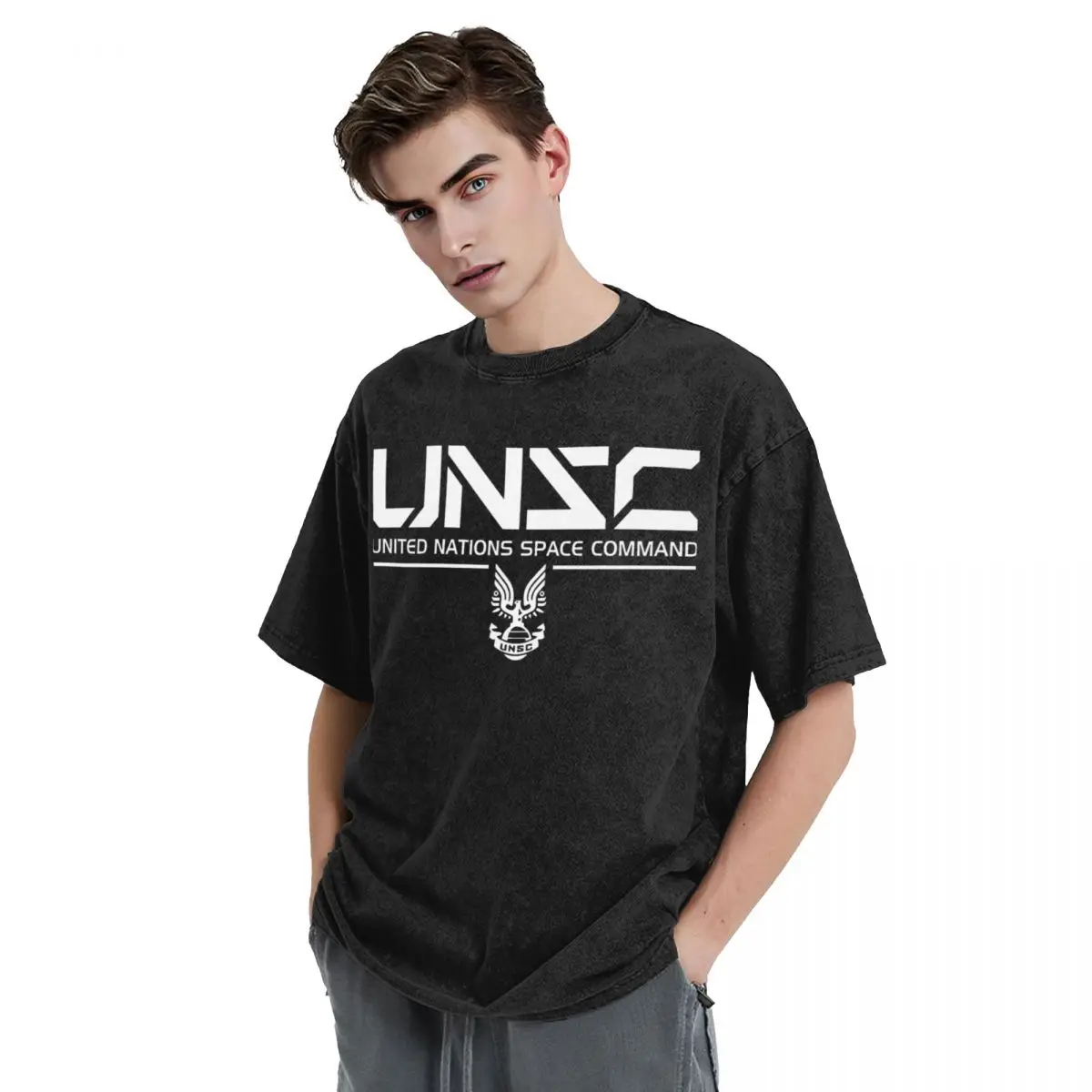 Camisetas lavadas UNSC para hombres y mujeres, camiseta blanca, ropa de calle de algodón con estampado gráfico, High Street Halo Gaming