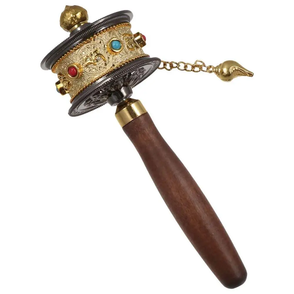 Hand Cranking Tibetan Prayer Wheel Colourful Hand Held Turn Praying Instrument Rotatable Wooden Handle Religious Ornament
