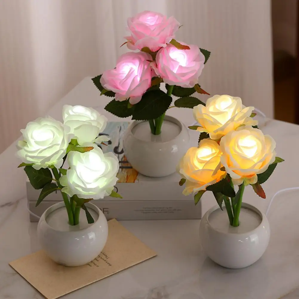 

Usb Powered Night Lamp Rose Night Light Table Lamp with Artificial Flowers Led Bedside Lamp Ceramic Vase Gift for Women Girls