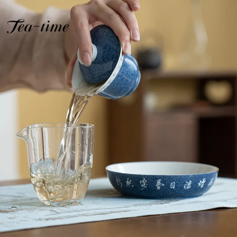 85ml Handwritten Poetry Gaiwan Japanese Sprinkled Blue Tea Lid Set Tea Tureen Tea Maker Cover Bowl Chinese Tea Set Supplies Gift