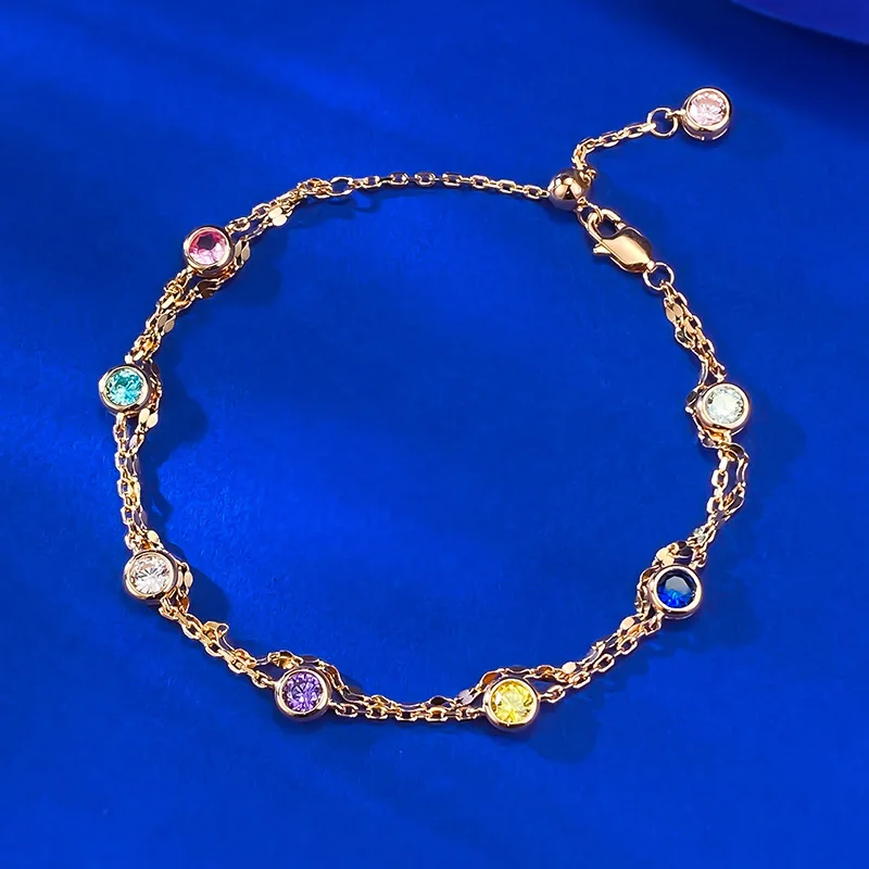 s925-silver-bracelet-double-layer-bubble-rainbow-colored-zircon-adjustable-women's-jewelry