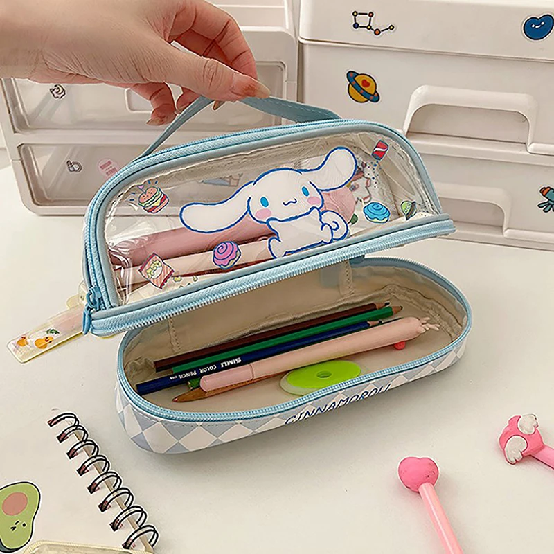 Imagem -05 - Lápis Sanrio Cinnamoroll Olá Kitty Papelaria Grande Capacidade Double-deck Pen Case Kuromi Lápis Bolsa Kids Gift Supplies Case