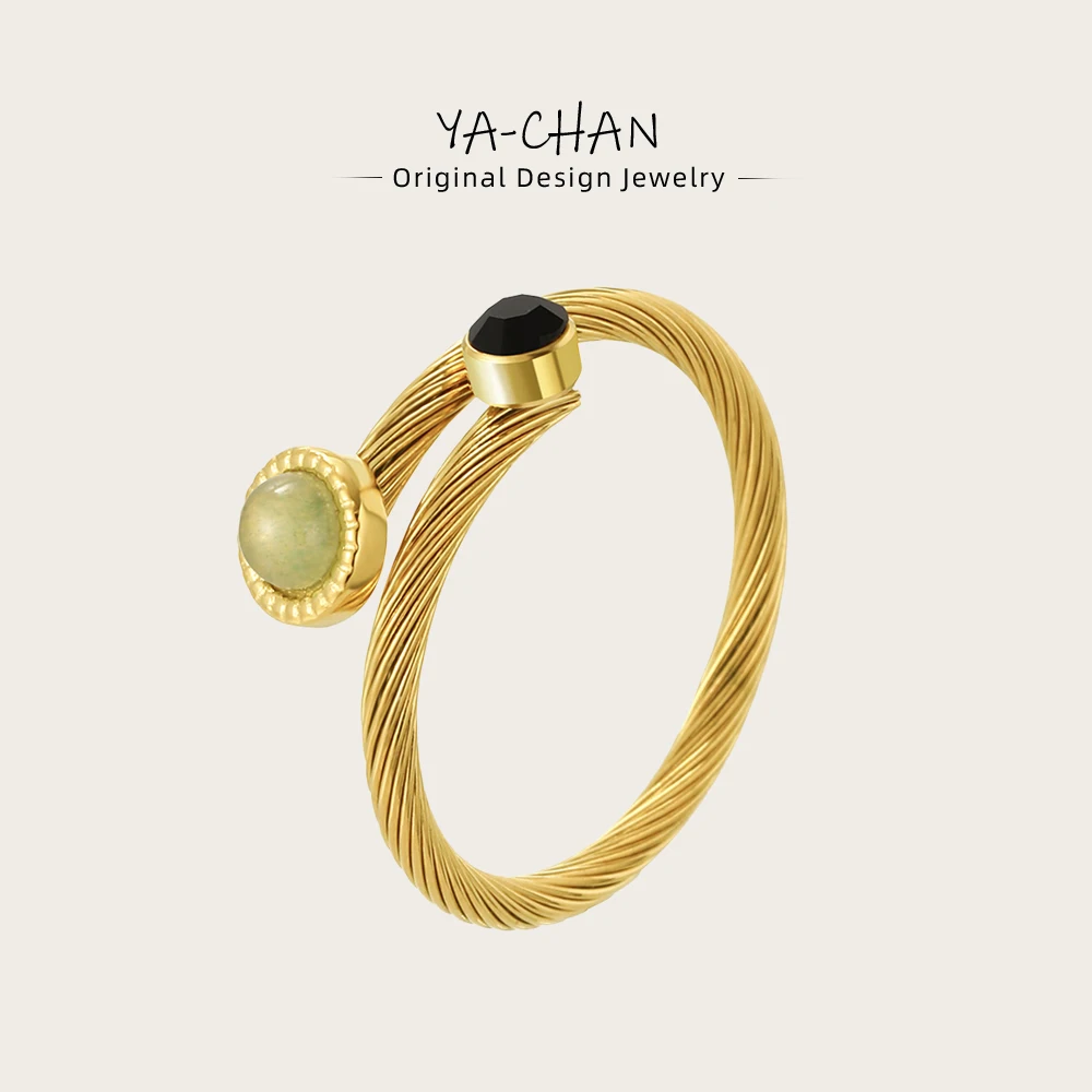 YACHAN 18K Gold Plated Stainless Steel Twisted Ring for Women Simple Adjustable Natural Stone Ring Waterproof Jewelry