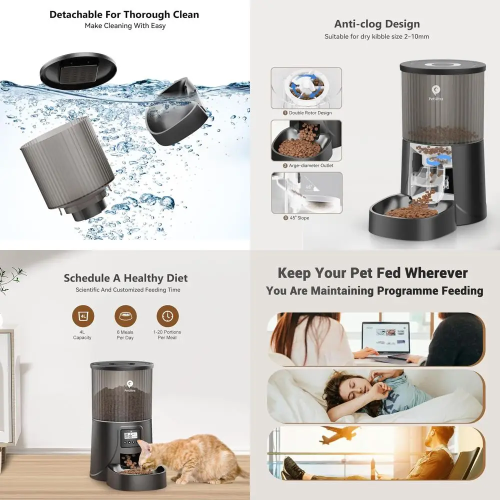 

Программируемая автоматическая кормушка для кошек и мелких собак на 4 л, на 1-6 приемов пищи, с двойным питанием, съемной и моющейся миской, с пакетом-влагопоглотителем