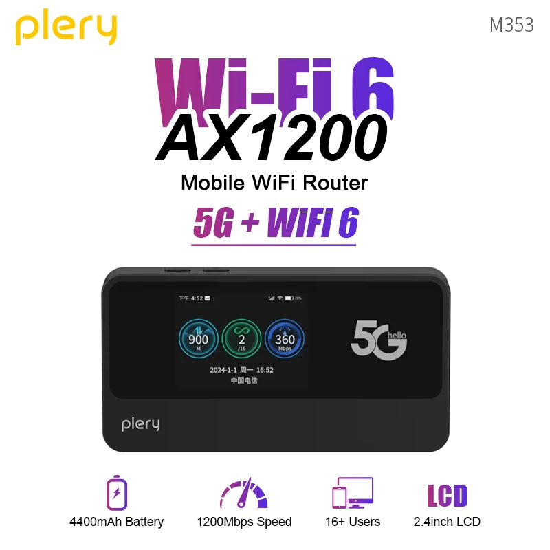 

Plery 4G/5G Мобильный Wi-Fi-маршрутизатор 1200 Мбит/с 4G LTE Беспроводной маршрутизатор Портативный карманный модем MiFi Мобильная точка доступа Wi-Fi со слотом для SIM-карты