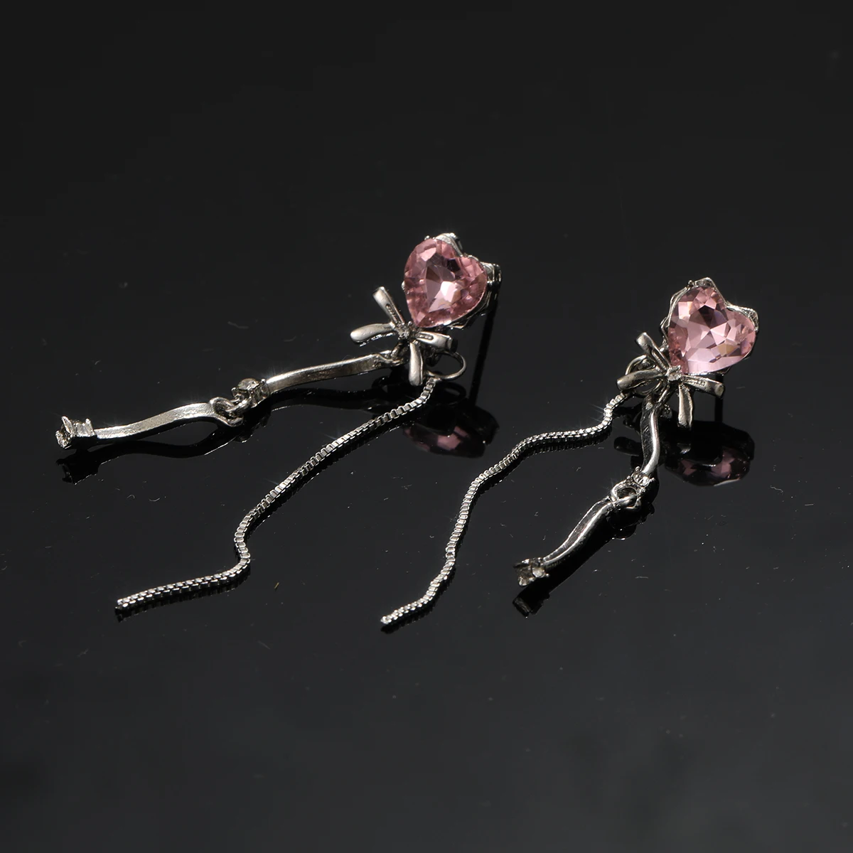 17KM Y2K Pink Heart Long Tassels Stud Earrings for Women Girls Fashion Sweet Bow Shiny  Dangle Earring Party Jewelry Gifts Trend