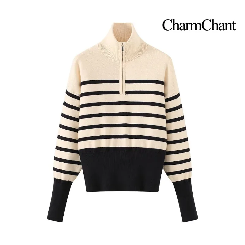 CHARMCHANT Women's Striped Knit Sweater Half Zip Turtleneck Long Sleeve Color Block Cropped Pullover Casual Street Autumn 2026
