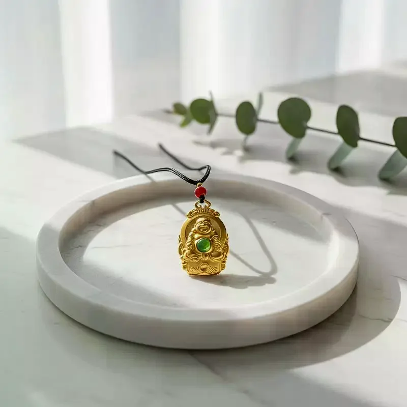Laughing Monk Statue Pendant Necklace Auspicious Cloud Decor Border Premium Quality Jewelry for Collection Souvenir