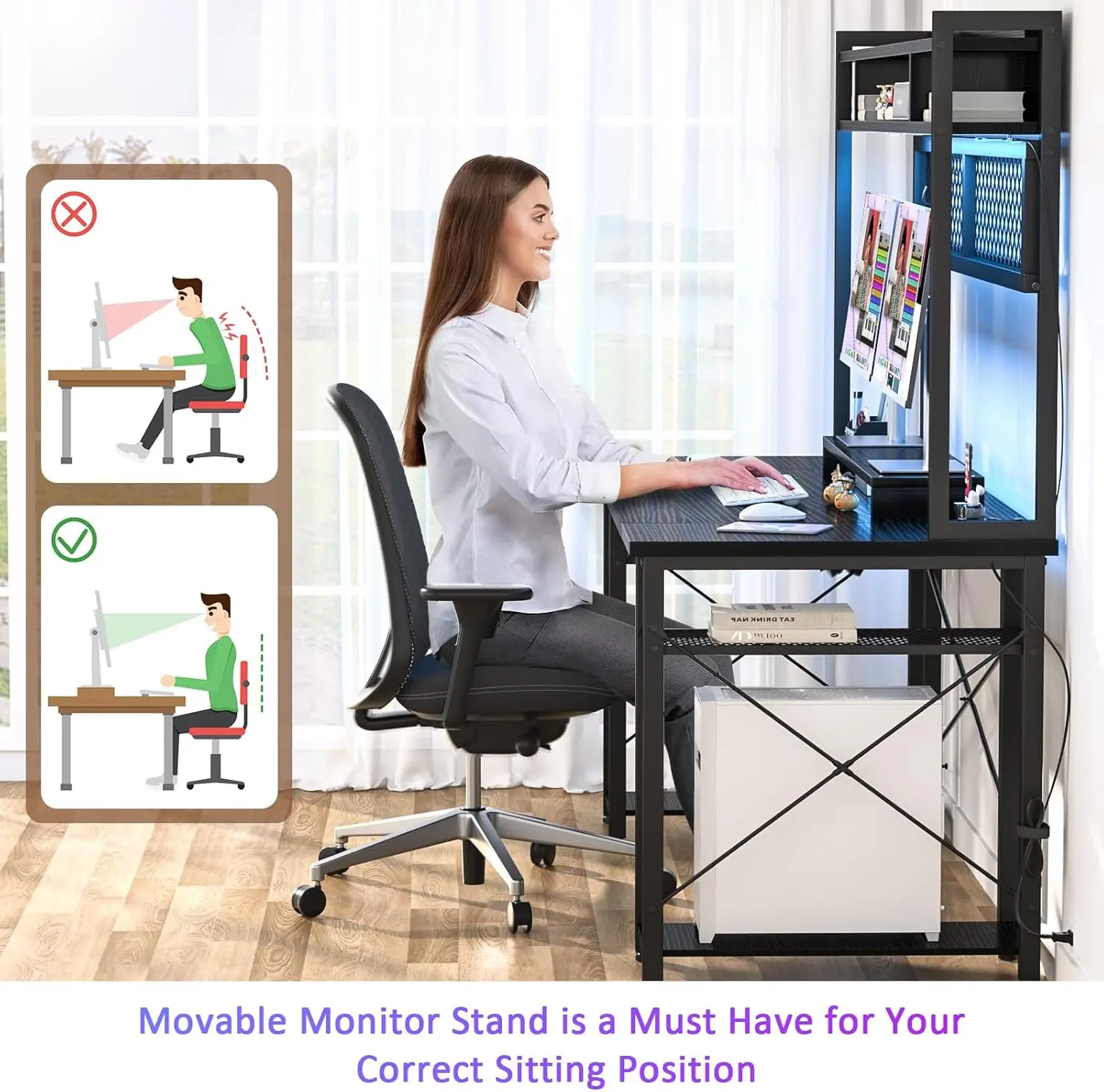 مكتب ألعاب مزود بخزانة، مكتب LED مقاس 55.2 بوصة مع منافذ، مكتب كمبيوتر قابل للعكس مع لوح بيجبورد وحامل شاشة، أسود