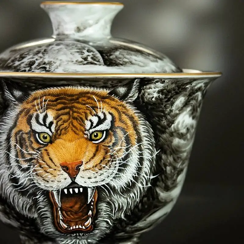 Sacred Mountain Jingdezhen Pastel Tiger Pattern Chinese Style Hand-Painted Creative Ceramic Set, Gaiwan Tea Cup