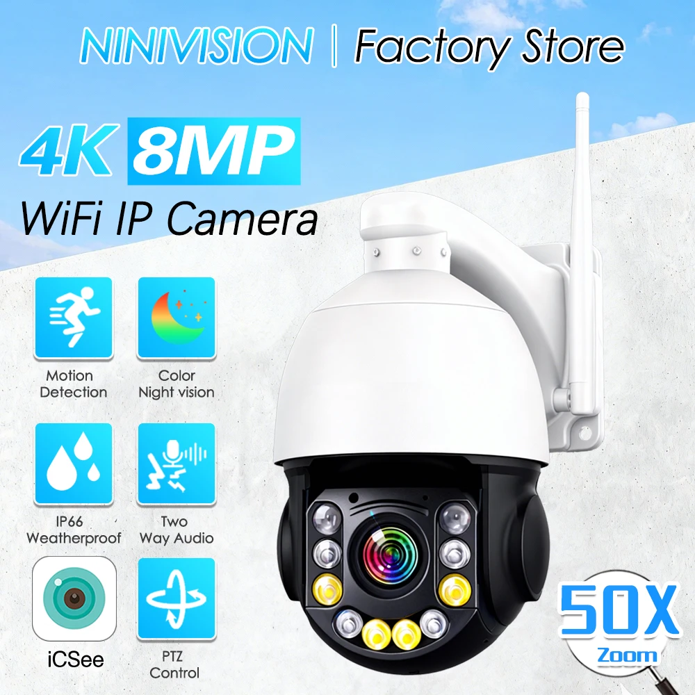 WiFi Video Surveillance 4K 8MP Camera 50X Optical Zoom CCTV AI Human Detect Outdoor Security PTZ IP Cam 60m Color Night Vision