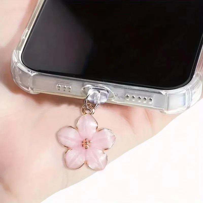 Alloy transparent cherry blossom pearl phone dust plug Apple 15 phone universal pendant charging port headphone jack