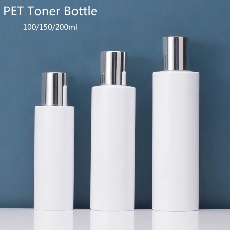 

10/30/50pcs 100/150/200ml Cosmetic Toner Bottle With Plug Silver Screw Cap White PET Cosmetic Container Makaup Water Bottle