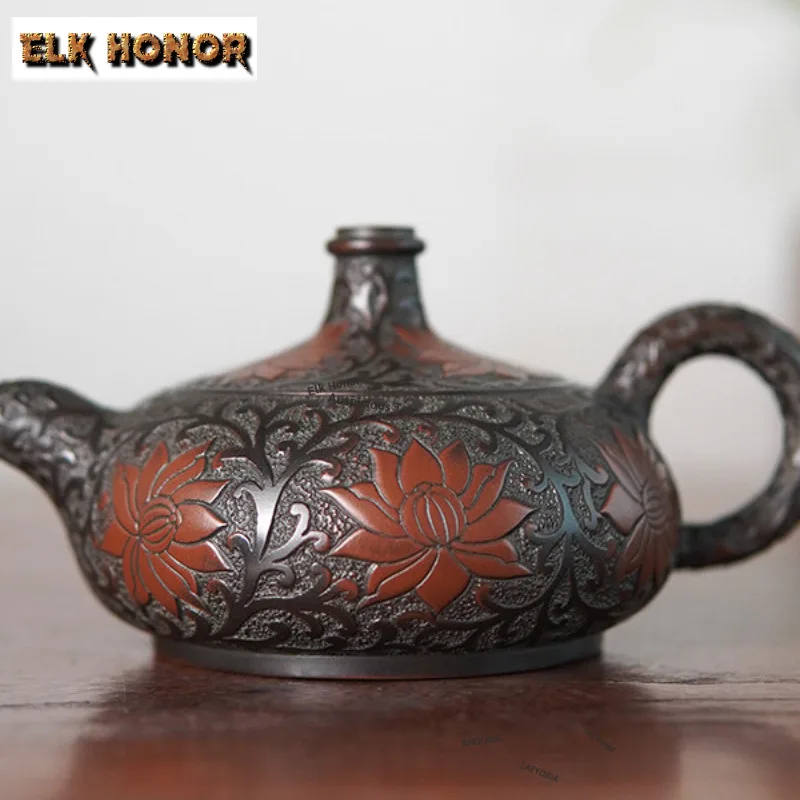 130ml Ancient Nixing Pottery Dust-free Teapots Handmade Embossed Lotus Pattern Pot Raw Ore Mud Kettle Chinese Tea Set Collection