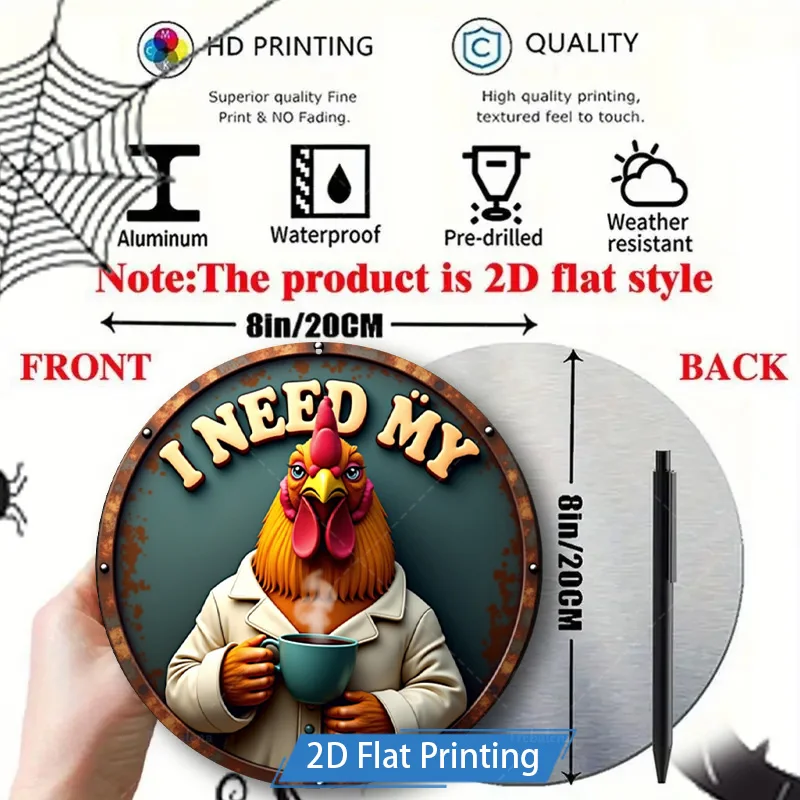 1 قطعة 8x8 بوصة علامة معدنية للهالوين علامة معدنية للدجاج "أنا بحاجة إلى قهوتي" فن جداري مزخرف