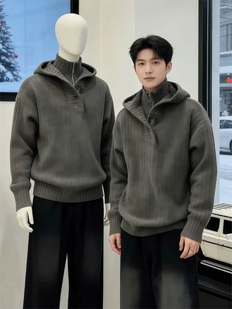 

Men's Thiened High Collar Hoodie Knitted Sweater Winter Faion Brand Casual Sle Zipper Closure Long Sve Stripe Pattern