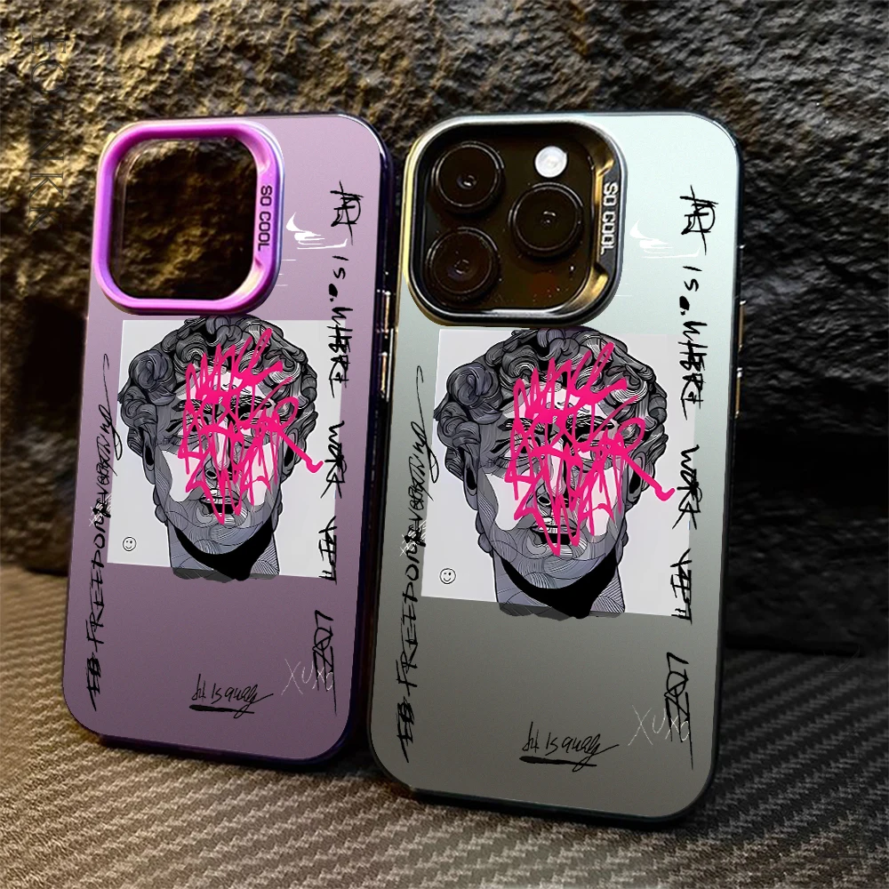 Graffiti Great Art Aesthetic David Mona Lisa Electroplate Silver IMD Case For iPhone 15 14 13 12 11 16 Pro Max XS 7 8 Plus Cover