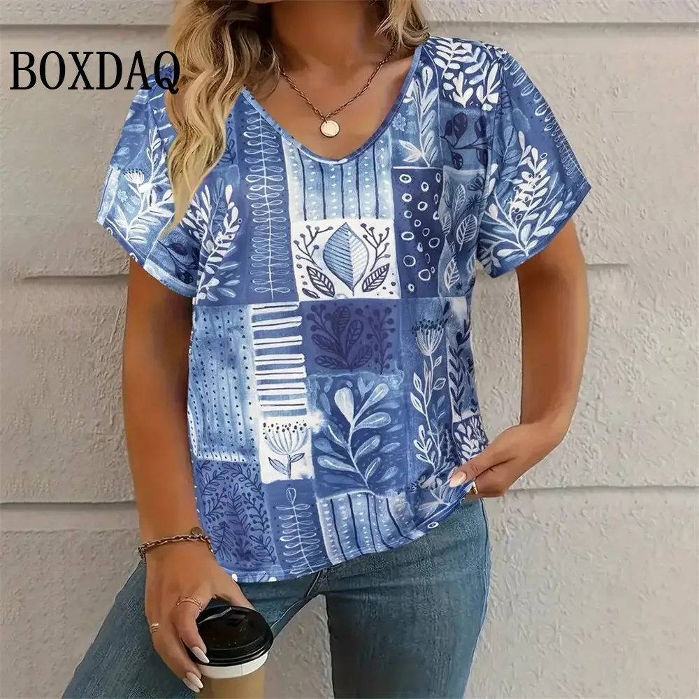 Women's T-shirt Summer V-Neck Short Sleeve Tops Vintage Geometry Graphic Print Loose Shirts Female Casual Plus Size Clothing 8XL