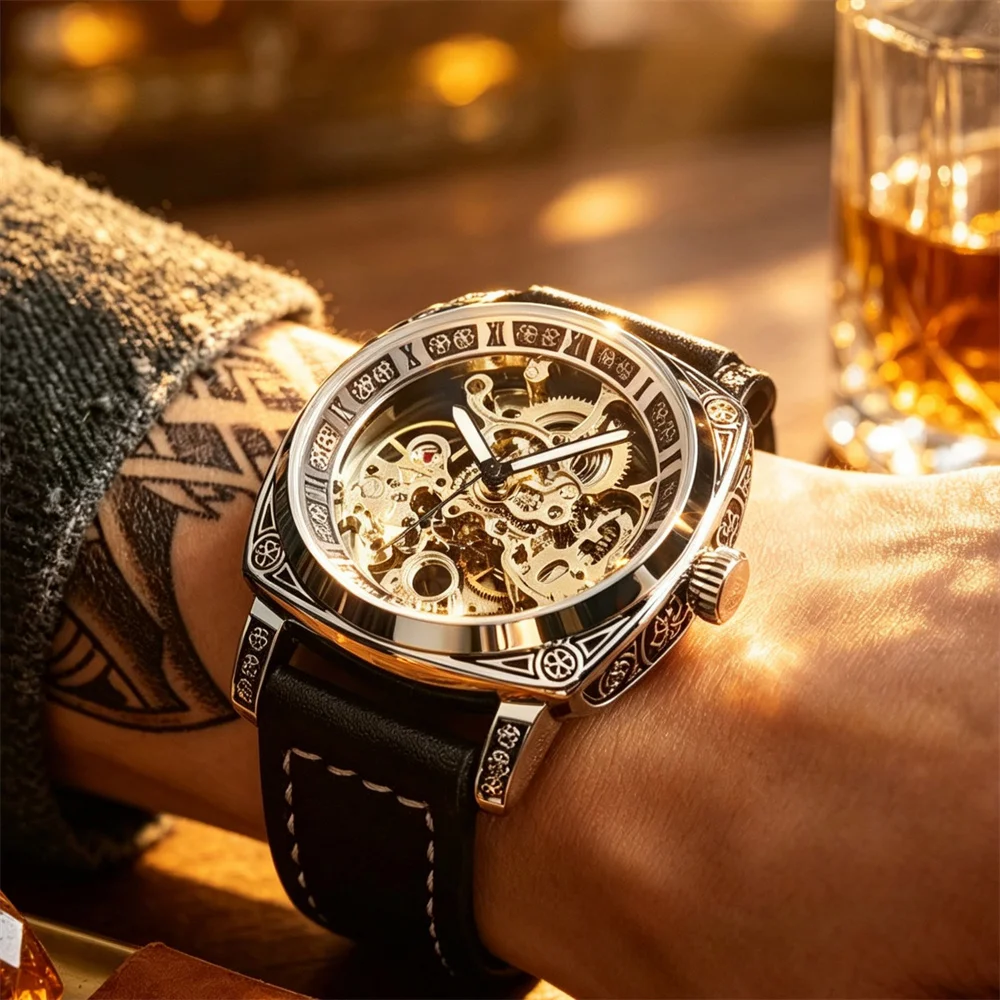 Luxury 2026 Automatic Watch Retro Style Wholesale Mechanical Wristwatches Skeleton Carve Waterproof Leather No Logo Mens Watch