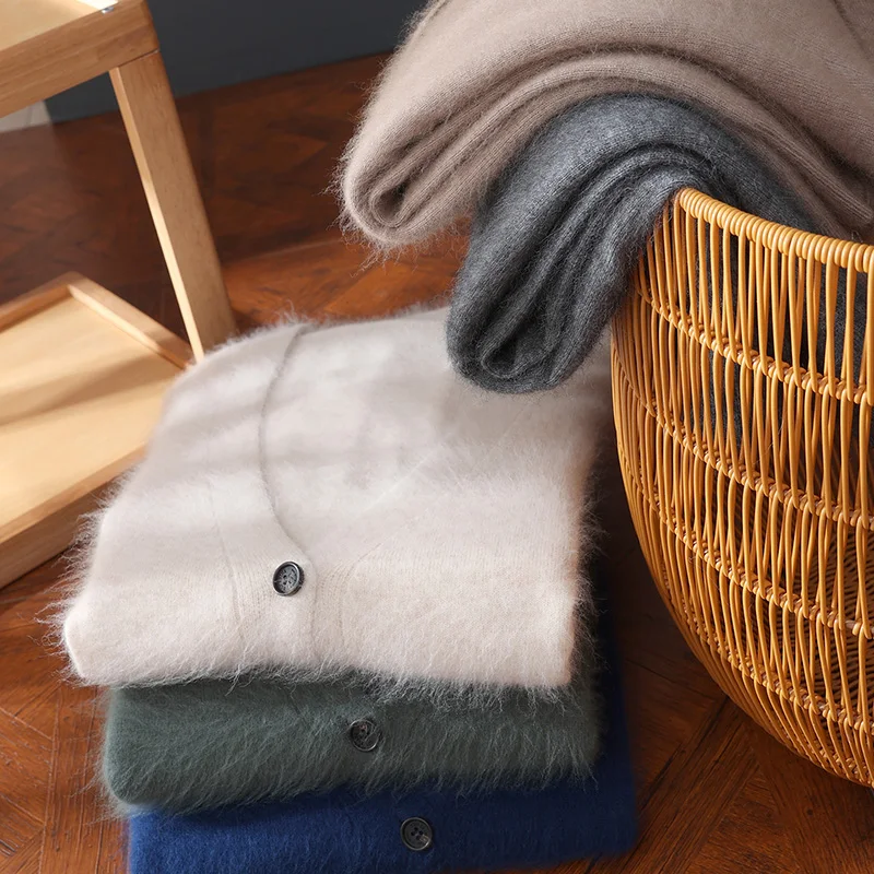 Maglione di cashmere visone di fascia alta da uomo in lana da lavoro per il tempo libero tinta unita cardigan in maglia con scollo a V cappotto maglione autunno e inverno