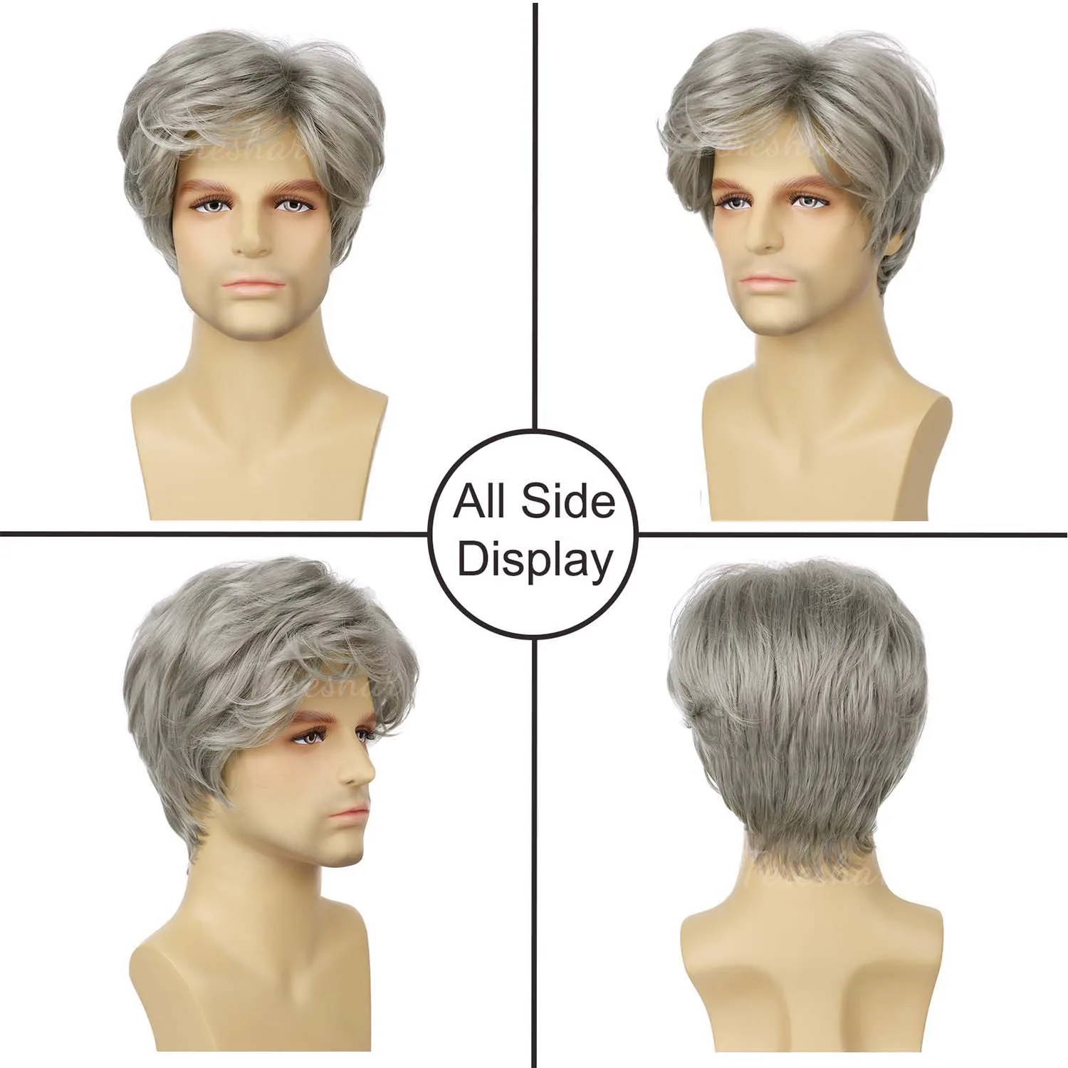 Synthetic Mens Short  Silver Grey Pixie Cut Wig Layered Costume Halloween Wig Heat Resistant Hair Replacement Wigs for Male Guys