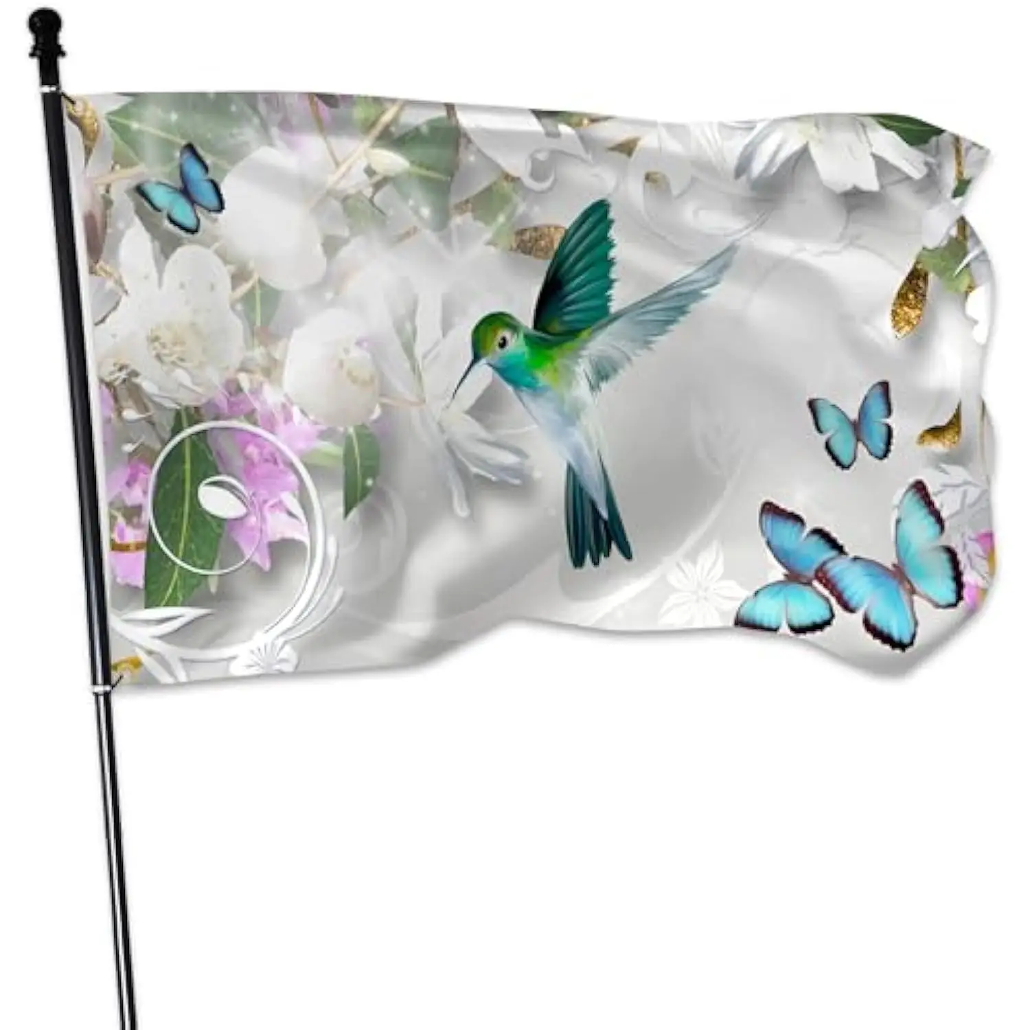 Hummingbird and Flowers Garden Flag Polyester Single-sided Printing Outdoor Welcome Yard Banner