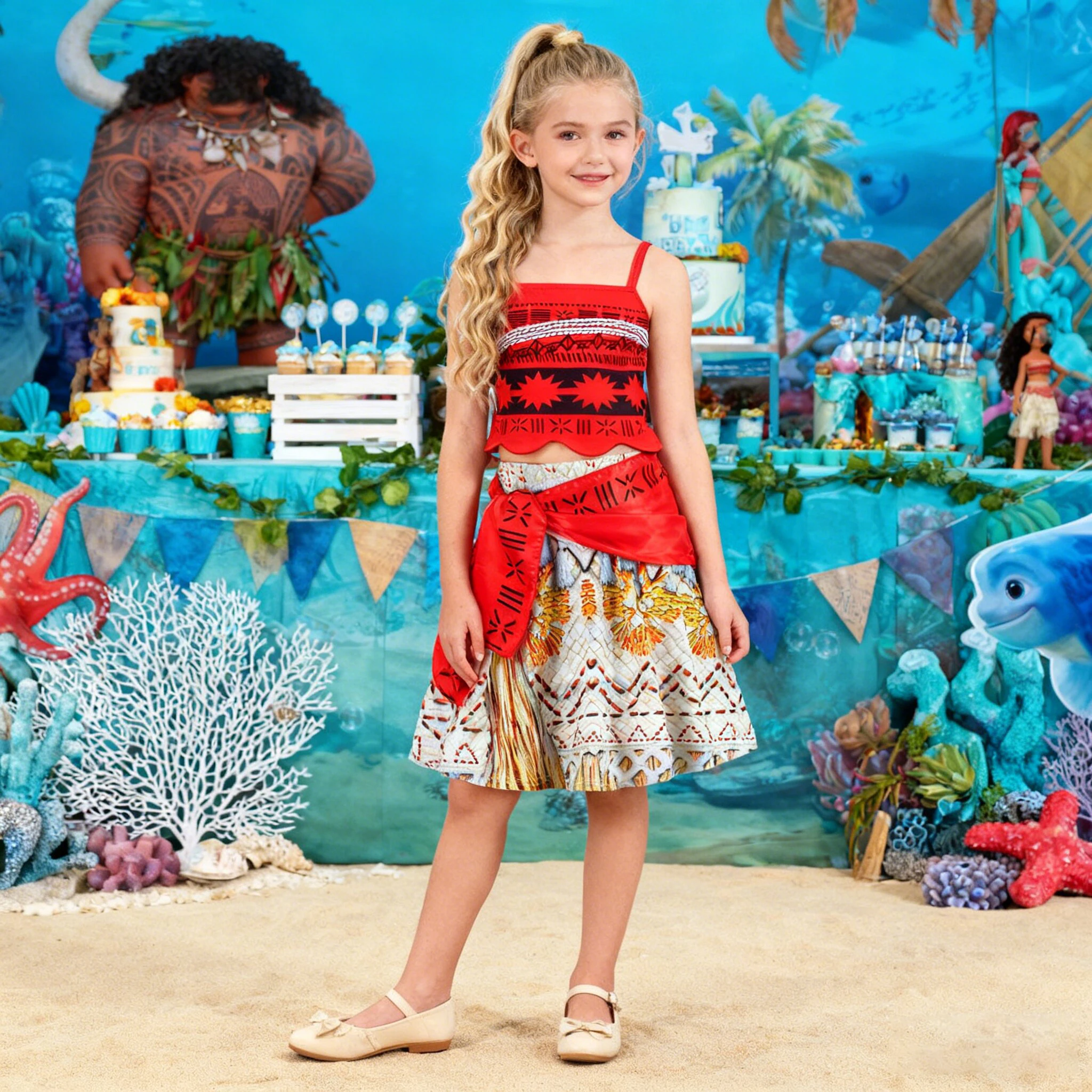 Summer Moana Vaiana Ocean Adventure Dress for Girls Cartoon Polynesian Vaiana Party Princess Girls Dresses Bow Halloween Costume