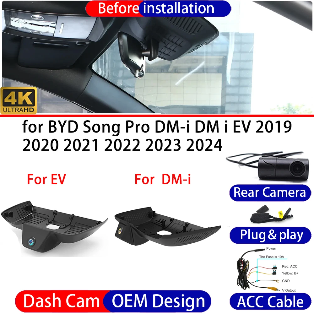 Cámara de salpicadero para BYD Song Pro DM-i DM i EV 2019-2024, cámara frontal y trasera 4K UHD DVR, grabadora de video para salpicadero, modo de estacionamiento 24H