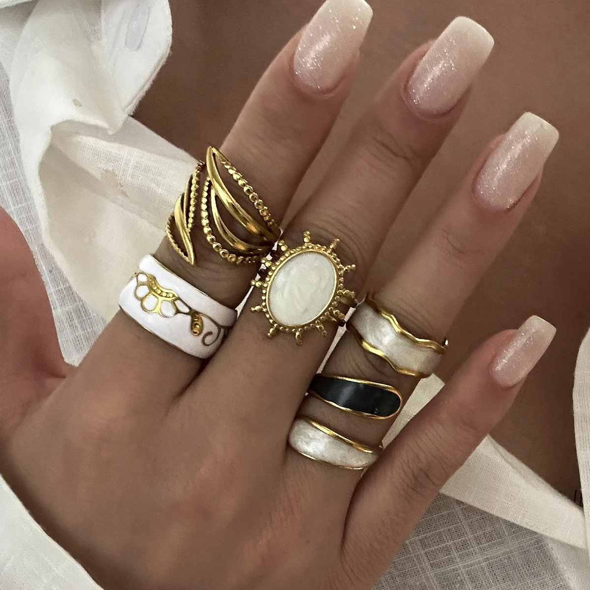 Gold Plated Stainless Steel Stackable Rings For Women Vintage Enamel Oval Shell Multilayer Open Finger Ring Party Jewelry Gift