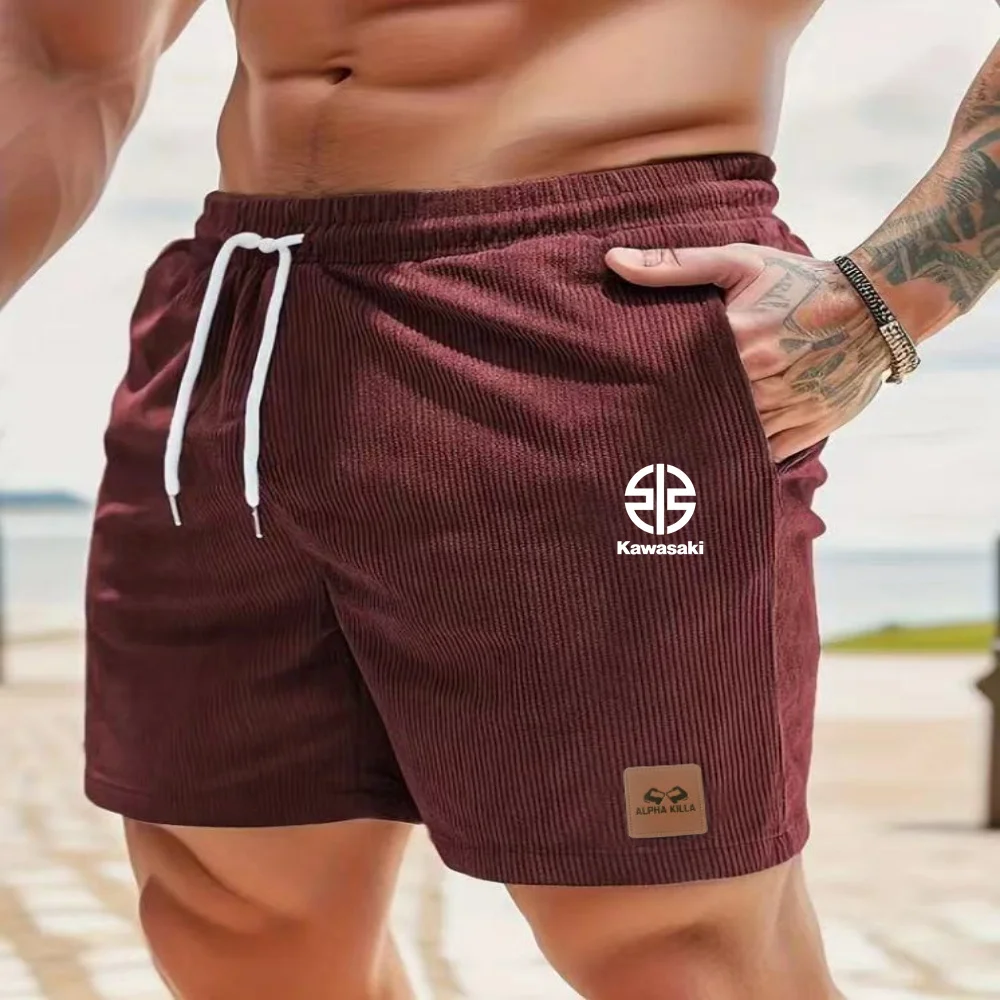 

Summer KAWASAKI men's shorts, casual running shorts, corduroy fabric, striped solid color drawstring, loose fitness shorts