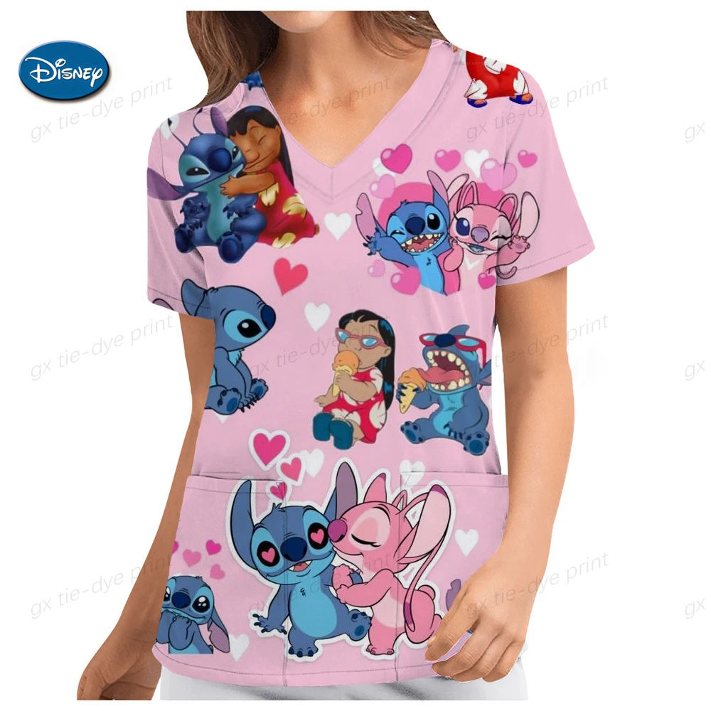 Pocket Stich Disney Stitch Hospital T-shirt Nurse Uniform Tops V Neck Top Women 2024 Summer Woman Clothes T-shirts Tees Women's